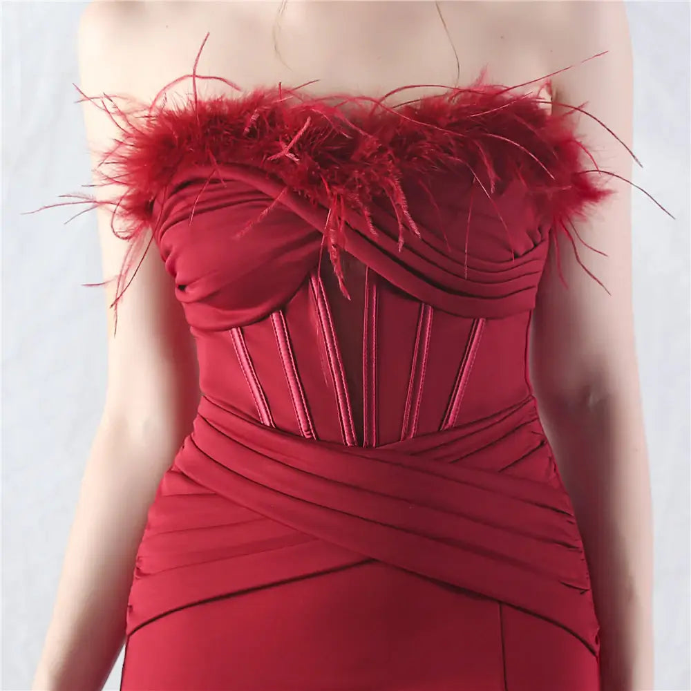 Corset Evening Gown with Feather Details and High Slit - Perfect for Prom and Formal Events | 31990