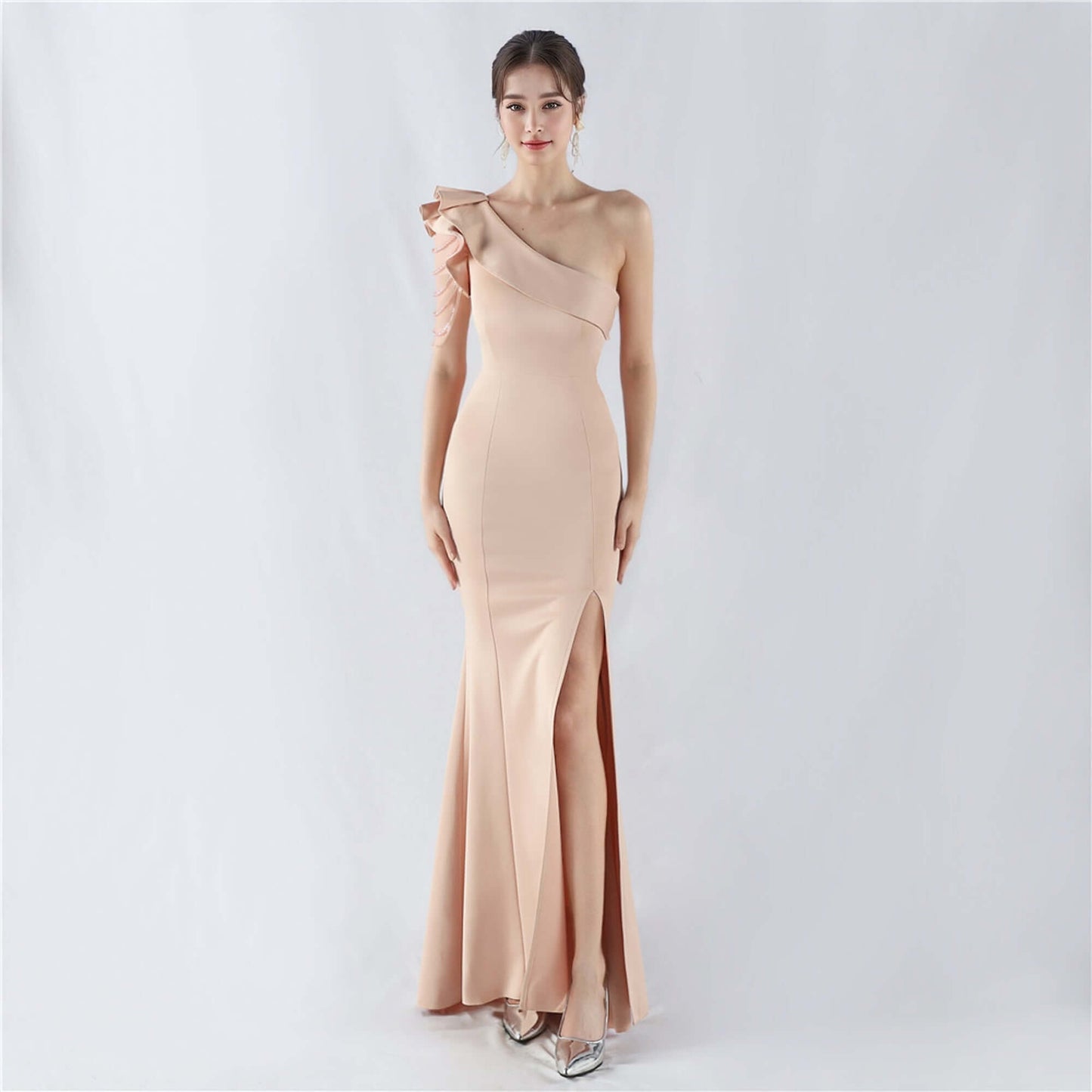 Elegant One-Shoulder Evening Gown with Ruffle Detail and Side Slit – Perfect for Formal Events | 33007