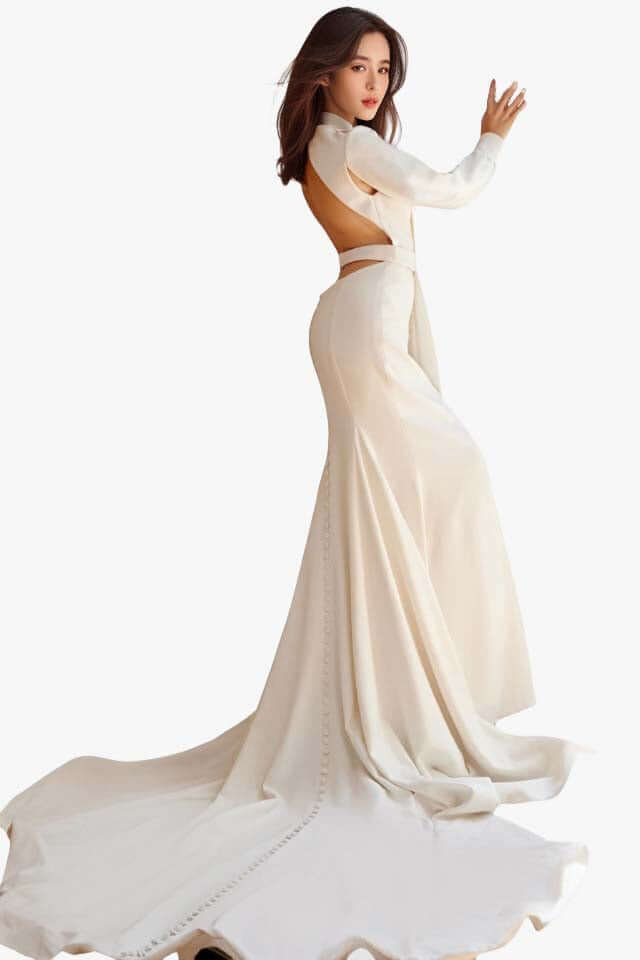 Backless wedding gown Long-sleeve bridal dress