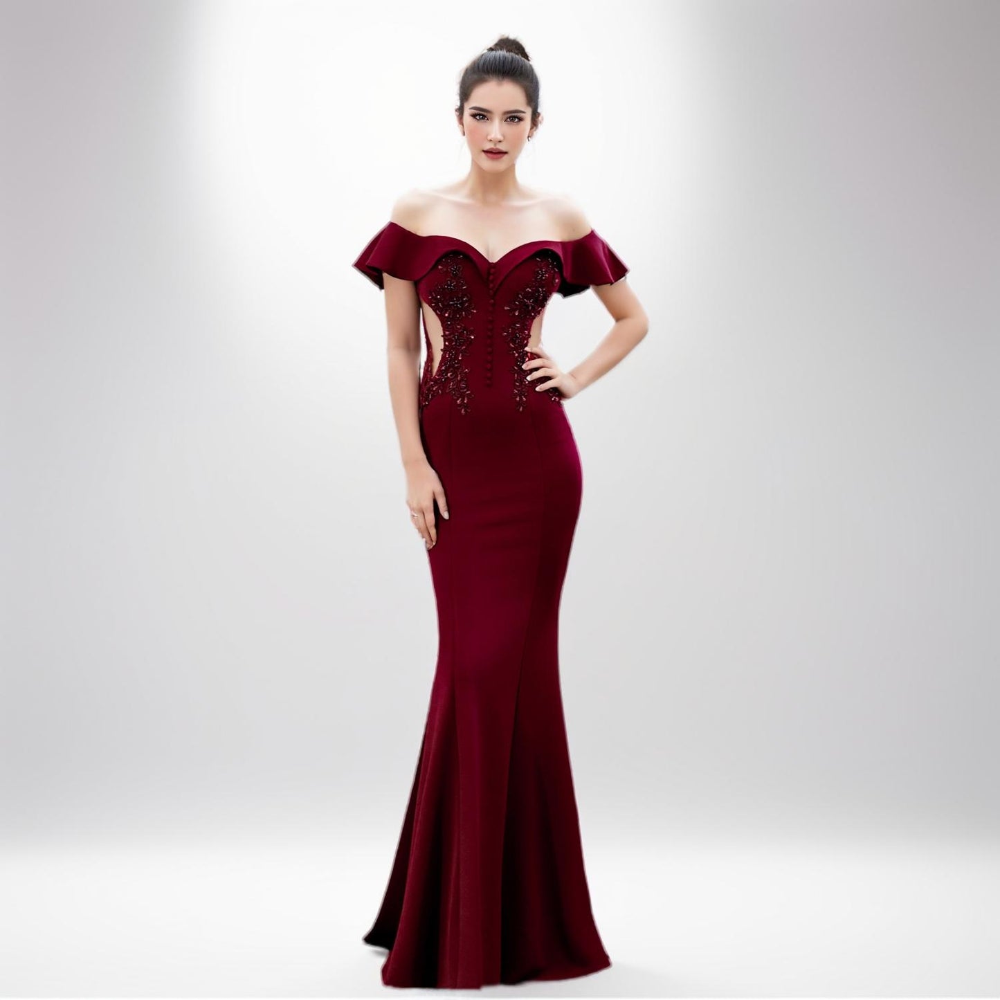 Elegant Off-Shoulder Mermaid Gown with Beaded Bodice – Perfect for Formal Events and Red-Carpet Occasions 16268