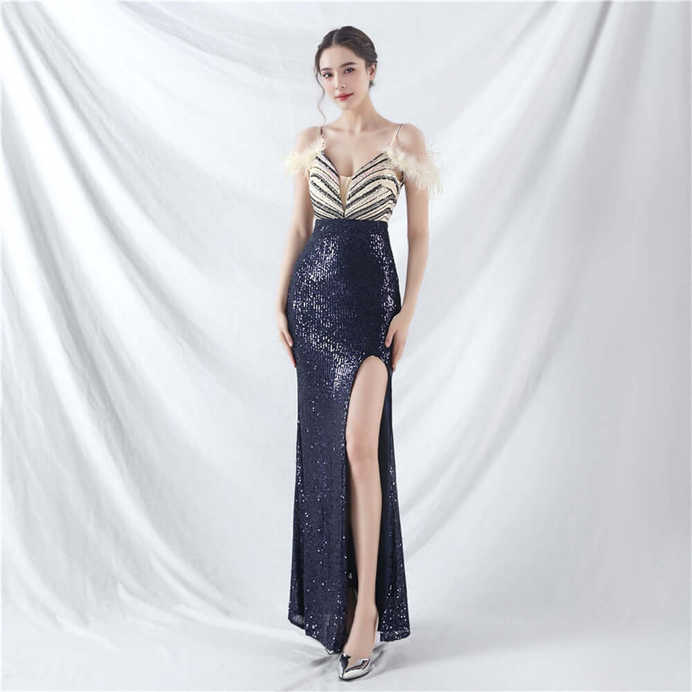 Elegant Black Sequin Prom Dress with Feather Details and High Slit | 31952