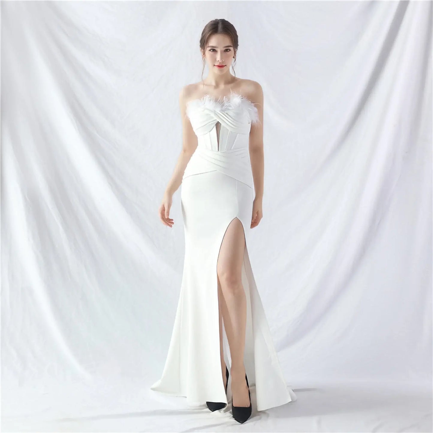 Corset Evening Gown with Feather Details and High Slit - Perfect for Prom and Formal Events | 31990