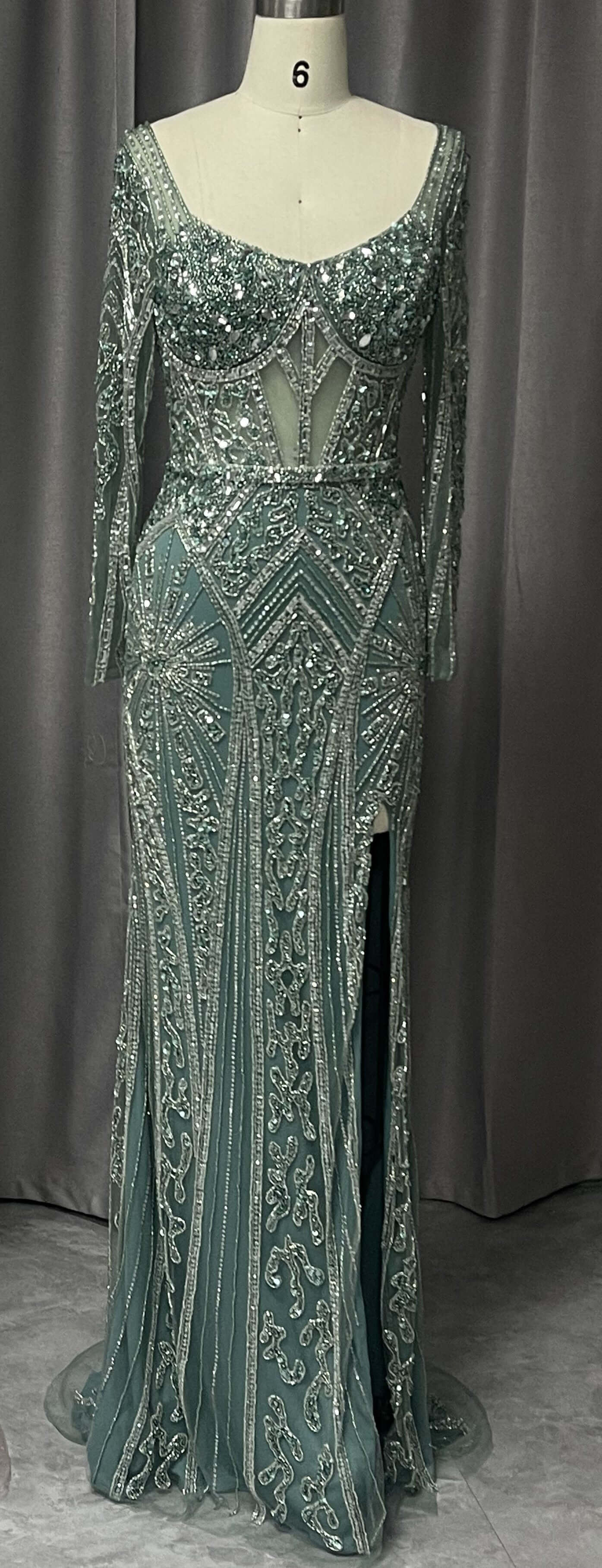 Luxurious Beaded Evening Dress - Elegant Long Sleeve Gown with Intricate Handcrafted Details, Perfect for Prom and Special Events | Pre Order 020924