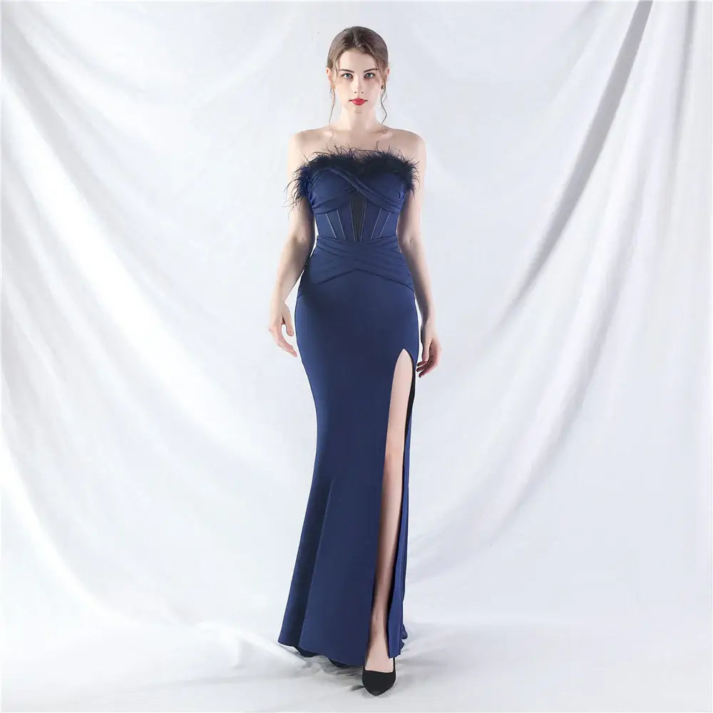 Corset Evening Gown with Feather Details and High Slit - Perfect for Prom and Formal Events | 31990