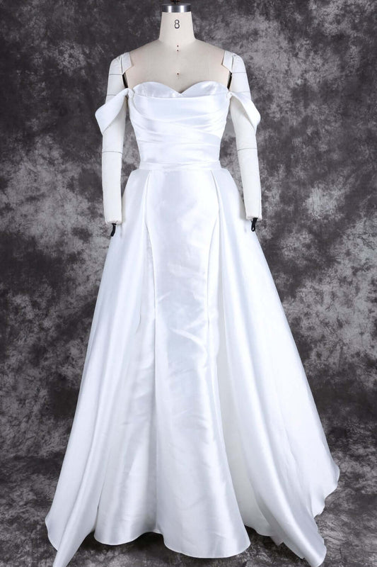 Elegant Off-the-Shoulder Satin Wedding Dress with Fishtail and Train – Perfect Bridal Gown for a Timeless Look | WL