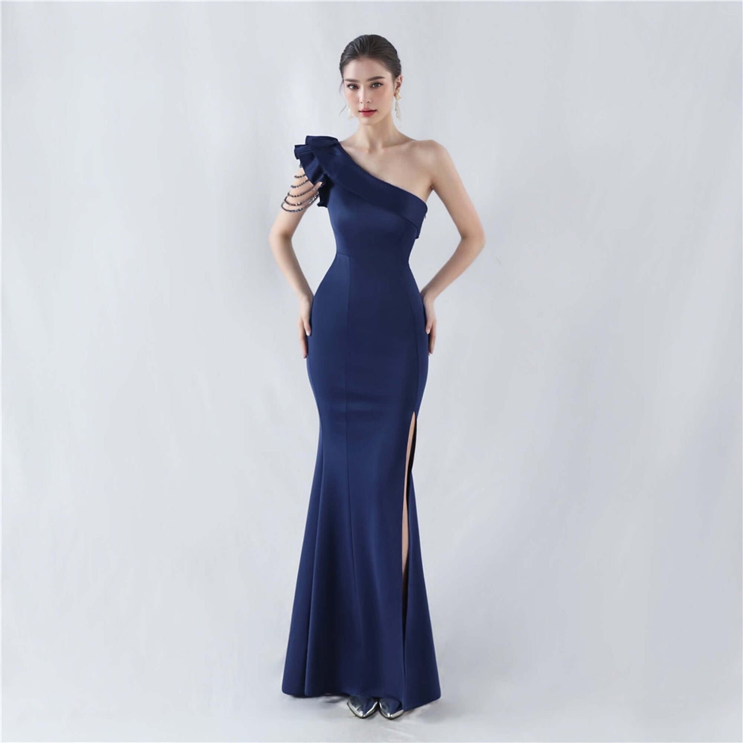 Elegant One-Shoulder Evening Gown with Ruffle Detail and Side Slit – Perfect for Formal Events | 33007