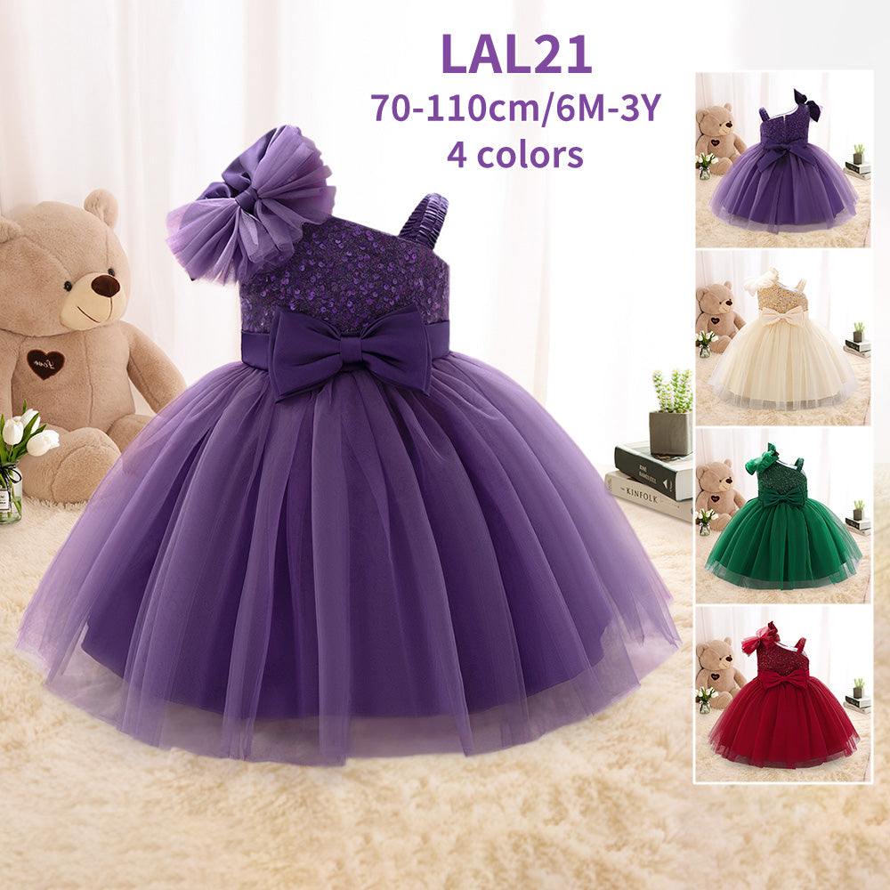 Adorable One-Shoulder Red Sequin Flower Girl Dress with Bow & Tulle Skirt - Perfect for Special Occasions | LAL21