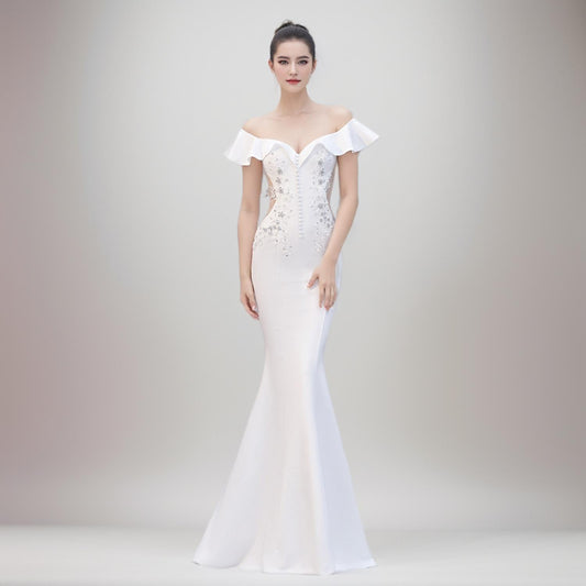 Elegant Off-Shoulder Mermaid Gown with Beaded Bodice – Perfect for Formal Events and Red-Carpet Occasions 16268