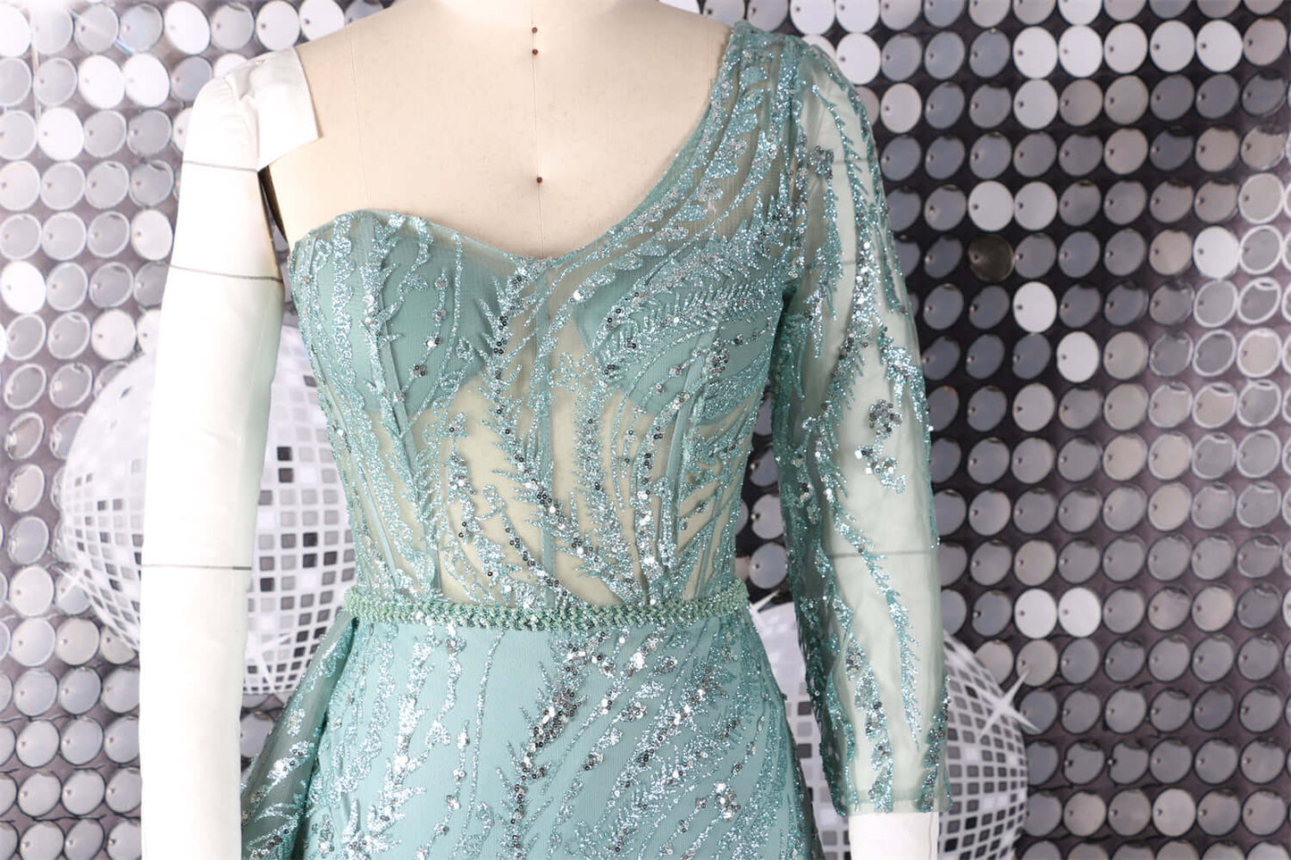 one-shoulder green evening gown