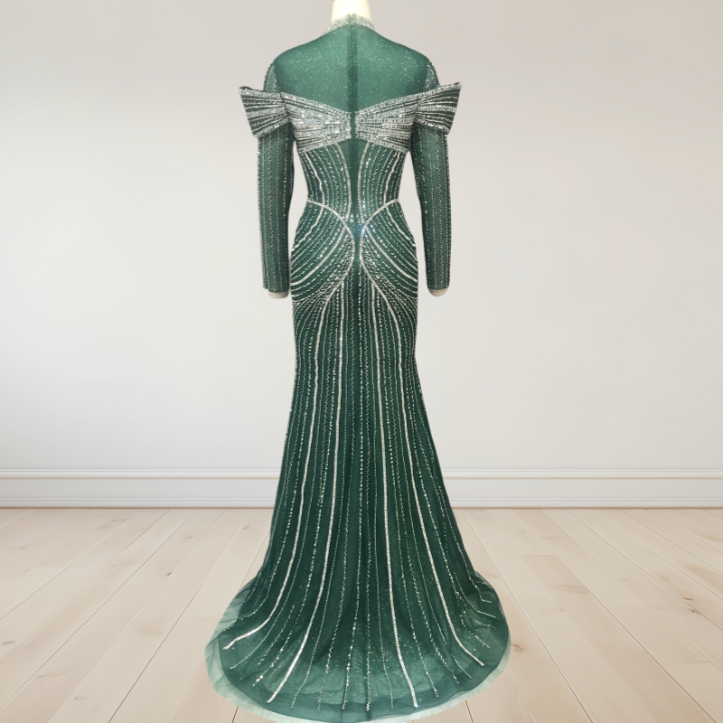 Emerald Green Long Sleeve Beaded Prom Dress - Stunning Illusion Bodice with Structured Shoulders and Floor-Length Gown