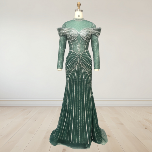 Emerald Green Long Sleeve Beaded Prom Dress - Stunning Illusion Bodice with Structured Shoulders and Floor-Length Gown